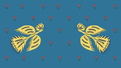 An illustration of two yellow birds flying towards each other, against a pale blue background strewn with red flowers