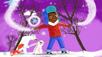 An illustration of young people, dressed in a warm hat and red jacket, shoots icy tendrils from his fingertips. A squirrel, rabbit, and polar bear gather around him. There are two bare trees in the background, and snow on the ground
