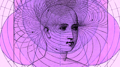 A line drawing of a head, in the style of an antique medical textbook, on a pink and purple background, surrounded by overlapping circles