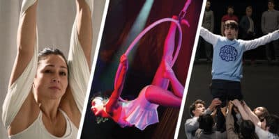 Image split into three sections, showing in turn Chusi Amoros, Rosie Rowlands, and members of the company Brain Fools