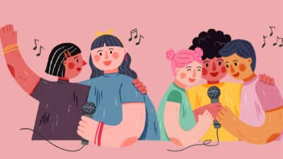 Illustration of five people singing into microphones, their arms wrapped around each other