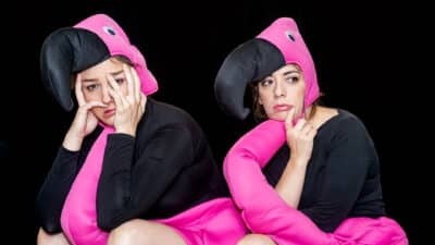 Two performers are dressed in pink flamingo costumes. They are hunched over. One covers her face with her hands