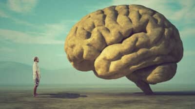 Illustration of a man gazing across a wasteland at a huge disembodied brain