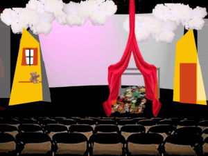 An illustration of the Jack and the Beanstalk set, featuring a four poster bed with red silk drapes hanging from the ceiling above it, and two yellow walls either side. White fluffy clouds hang over it all. Toys are sprawled over the bed, and a small teddy hangs out on a windowsill