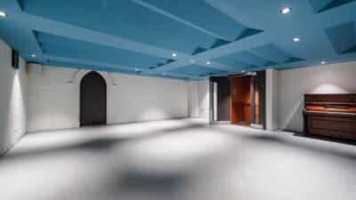 Photograph of studio 5 at Jacksons Lane - a white room with ]a low ceiling, painted teal. A the far end there it a door with a gothic arch. On the other side are more modern double doors, and next to them, a piano against the wall