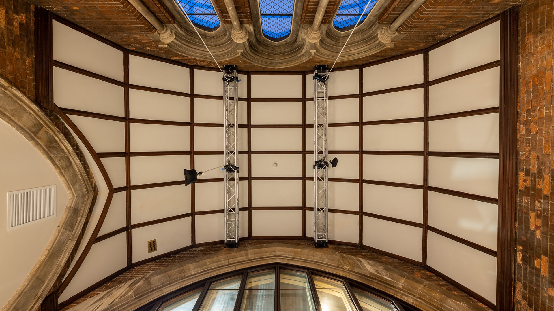Photo of the high ceiling of studio 4, with rigging for aerial work