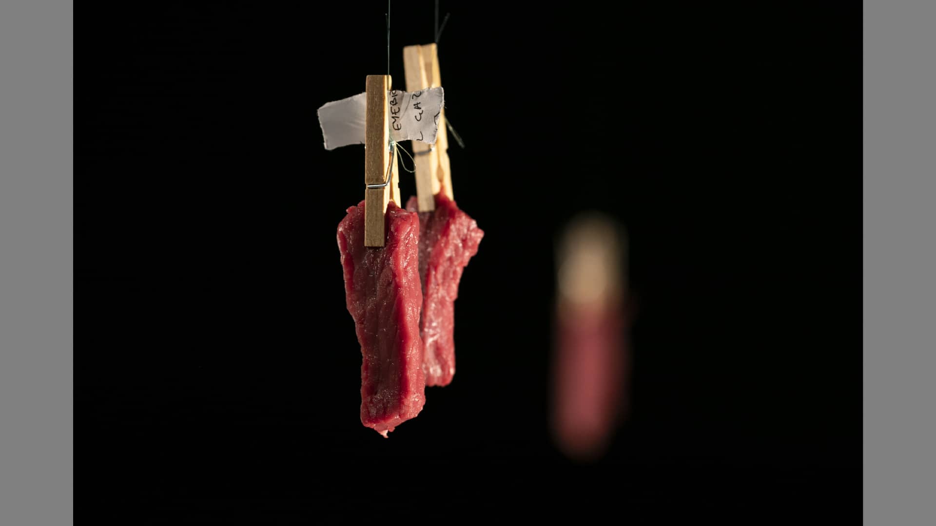 Two pieces of raw meat hang from a line, pinned by wooden pegs