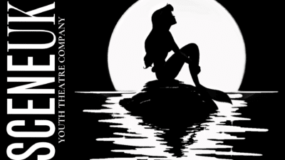 A black and white illustration of the little mermaid sitting on a rock on the middle of the water