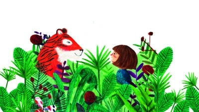 Illustration of a tiger and a little girl, poking their heads out from long grass, and looking at one another