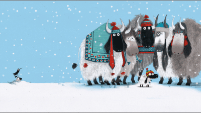 An illustration shows 5 yak's huddling together wearing red and blue wooly hats and jumpers. In the centre of them is a tiny yak wearing a wooly hat.