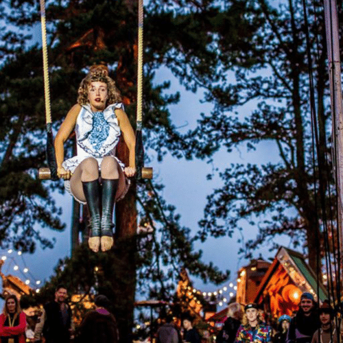 A circus artist sits on a trapeze in the middle of a forest.